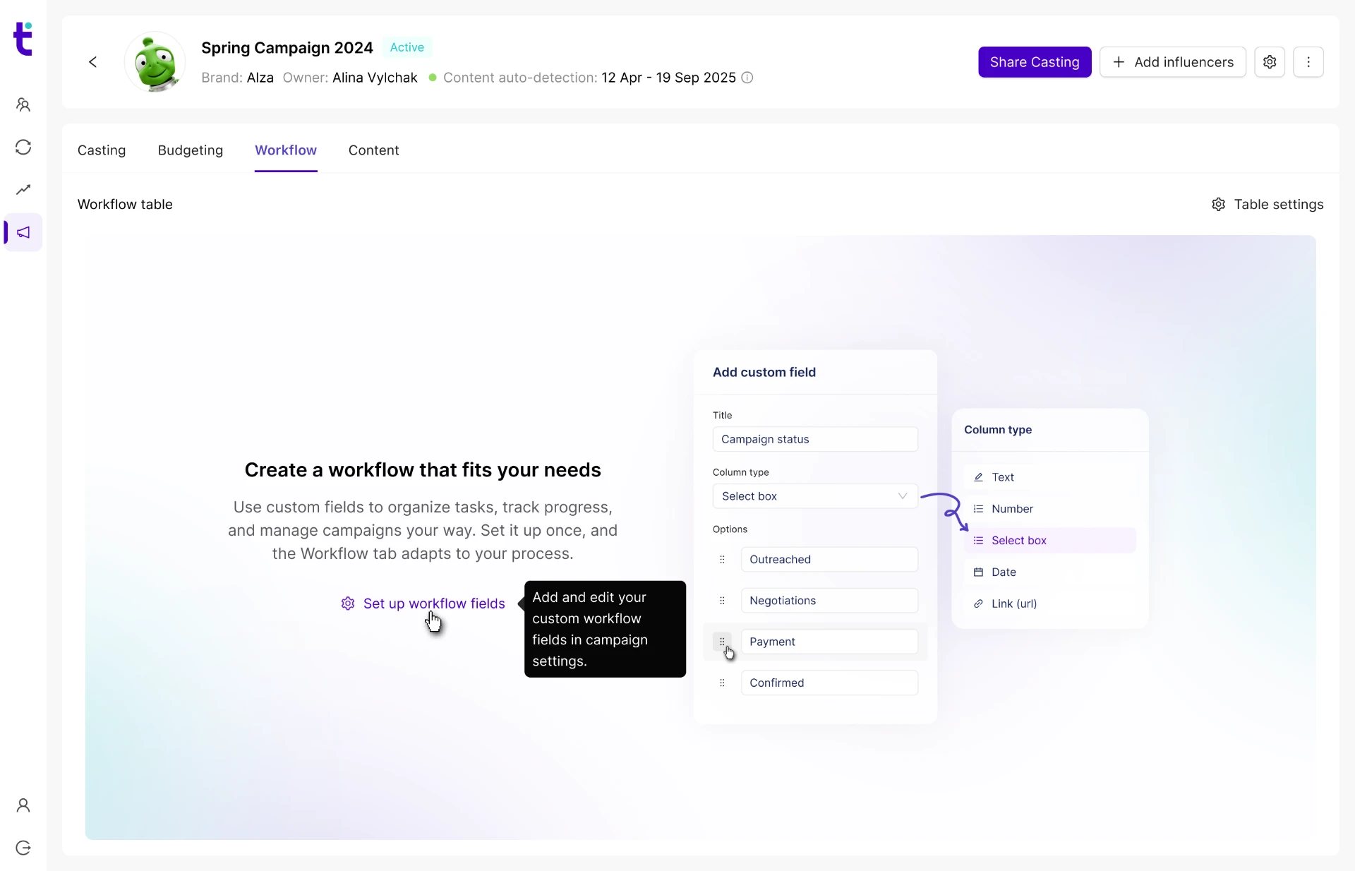 Custom workflow fields setup