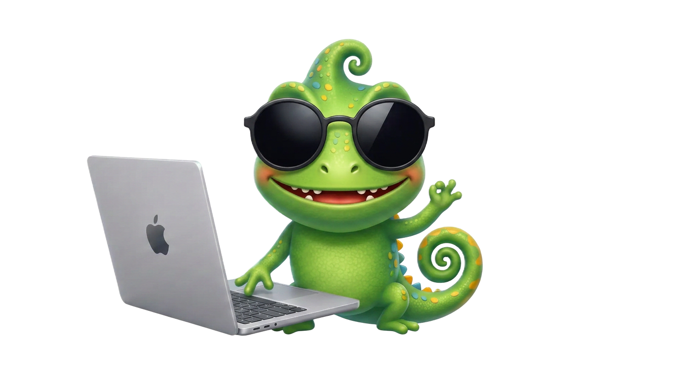 Chameleon mascot working on a laptop
