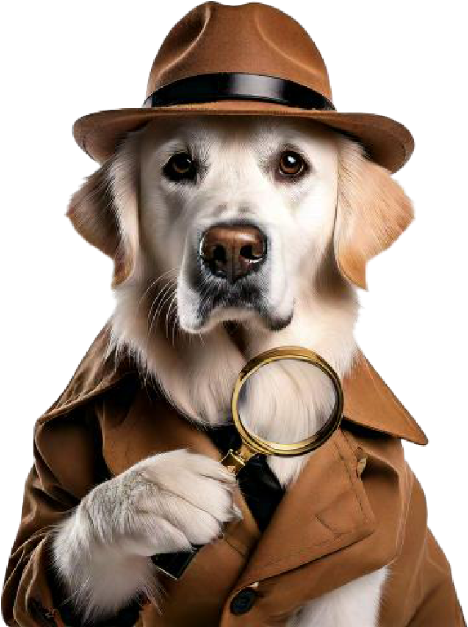 Demo Doggo as a detective with a magnifying glass