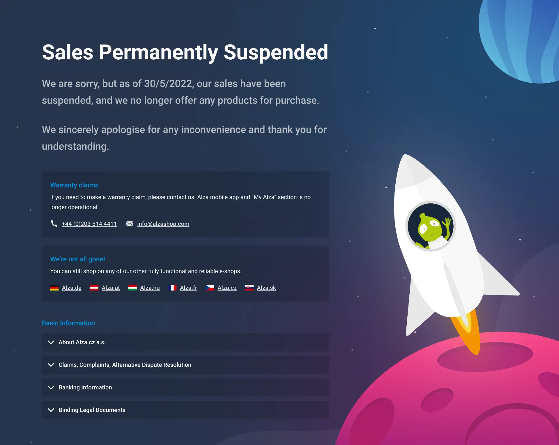 Alza UK — sales suspension page